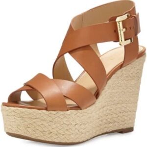 MICHEAL KORS Leather Celia Mid Wedge Platform Sandals Brown Espadrilles